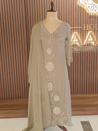 Greyish Anarkali Chinnon handwork party ware Kurtha 567