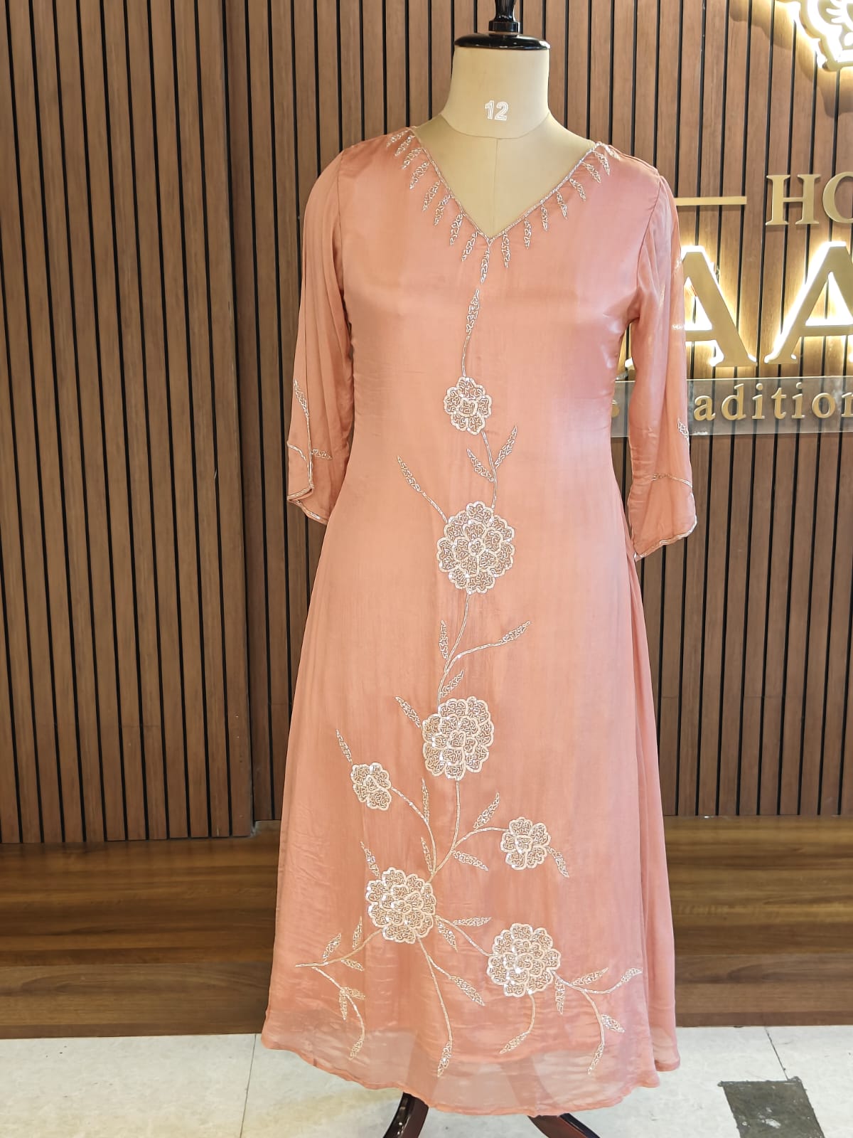 Peach Anarkali Chinnon handwork party ware Kurtha 567
