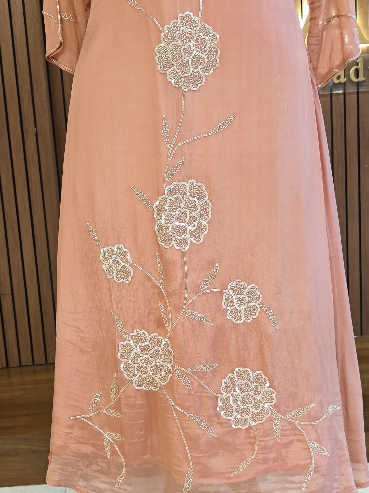 Peach Anarkali Chinnon handwork party ware Kurtha 567