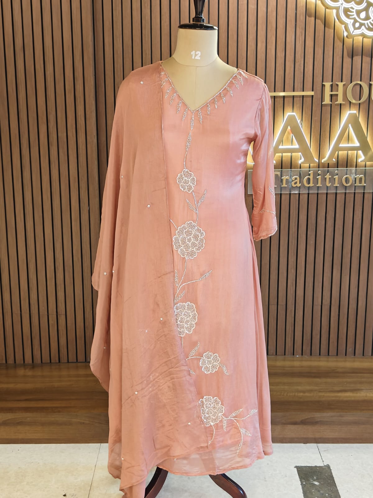 Peach Anarkali Chinnon handwork party ware Kurtha 567