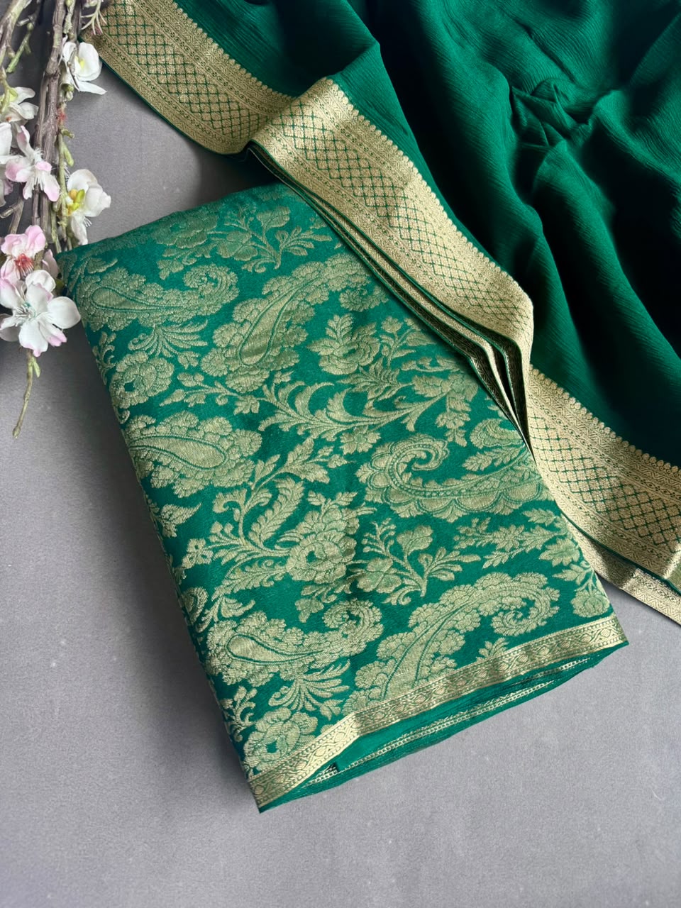Bottle Green Pure Brocade Mysore Silk Dress Material (Swara)