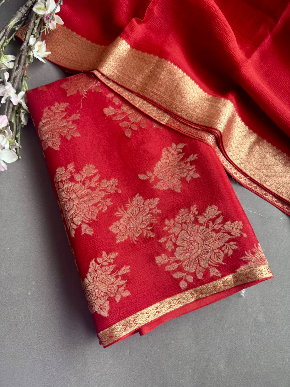 Red Pure Brocade Mysore Silk Dress Material (Swara)