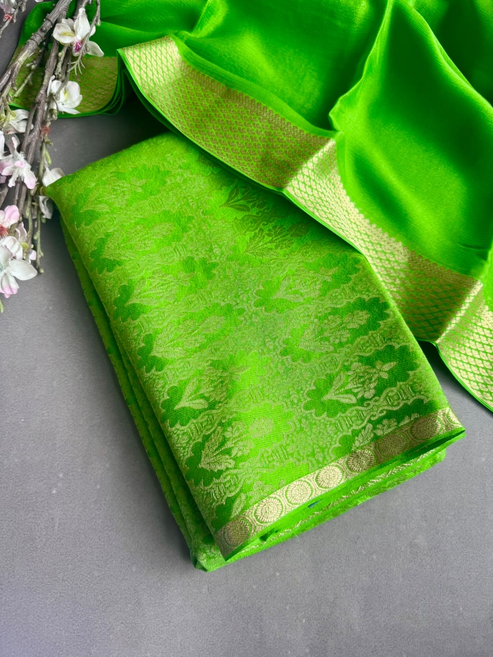 Green Pure Brocade Mysore Silk Dress Material (Swara)