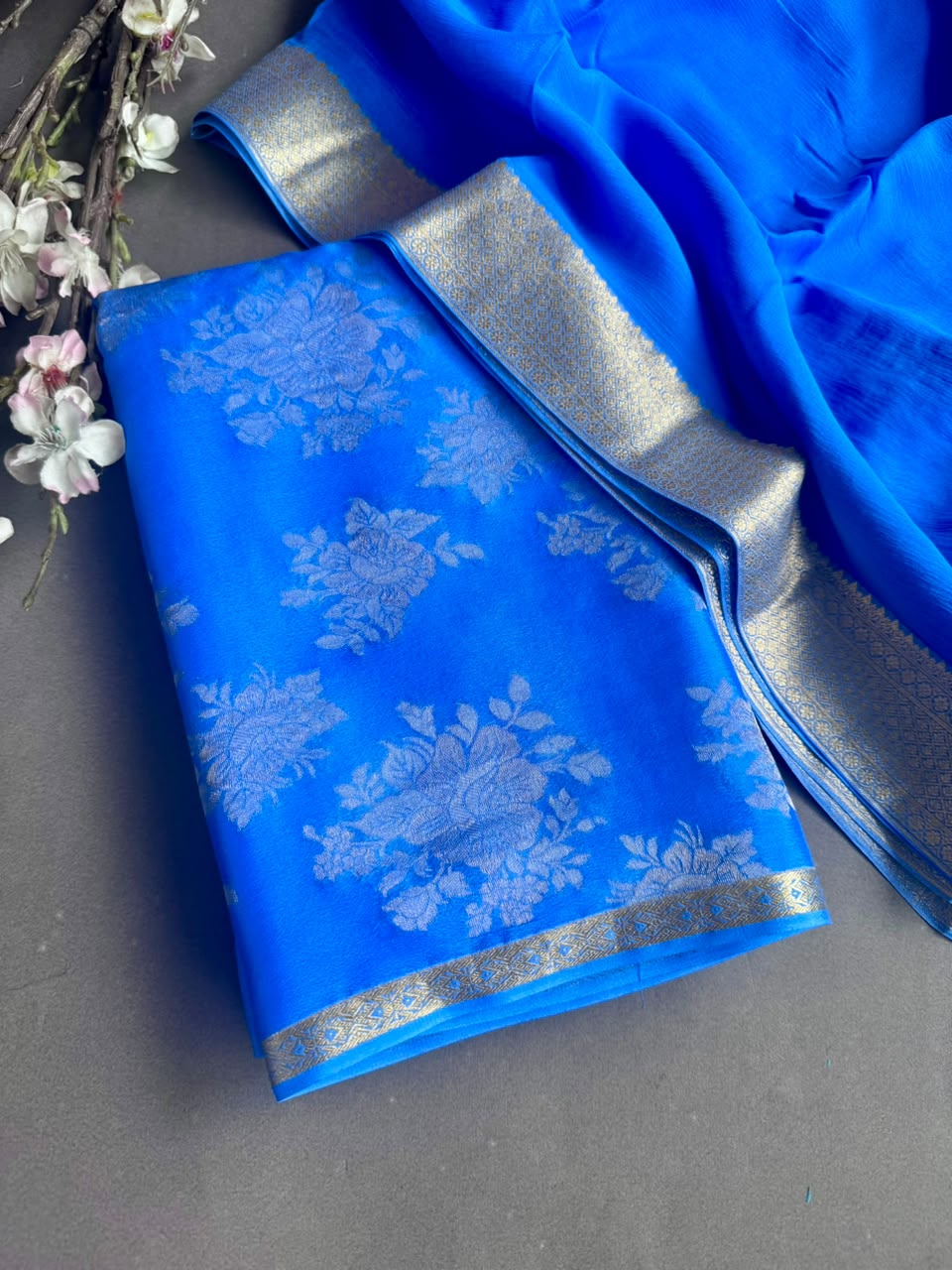 Blue Pure Brocade Mysore Silk Dress Material (Swara)