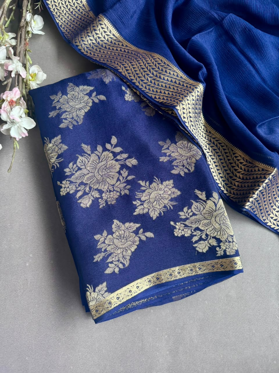 Navy Blue Pure Brocade Mysore Silk Dress Material (Swara)
