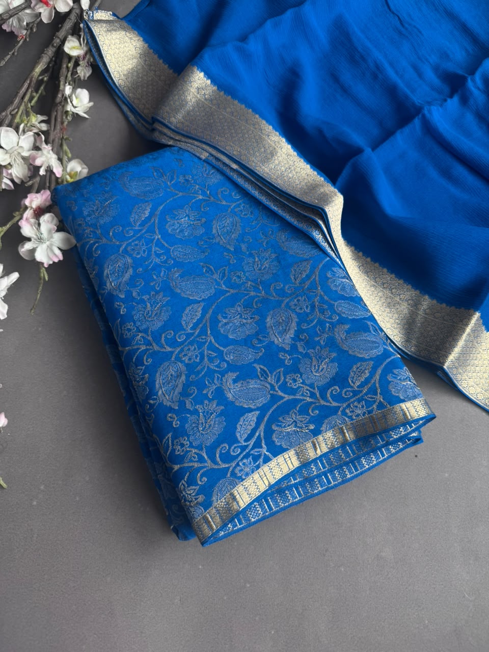 Peacock Blue Pure Brocade Mysore Silk Dress Material (Swara)
