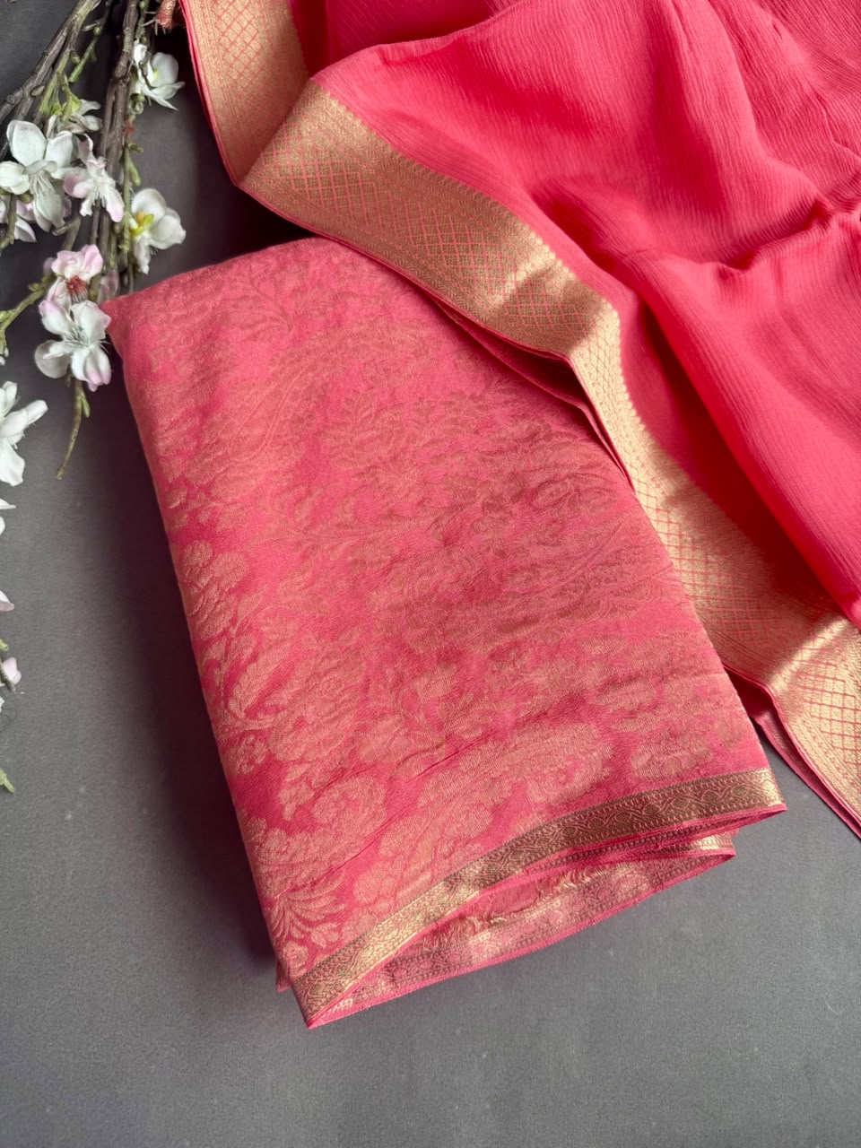 Peach Pure Brocade Mysore Silk Dress Material (Swara)