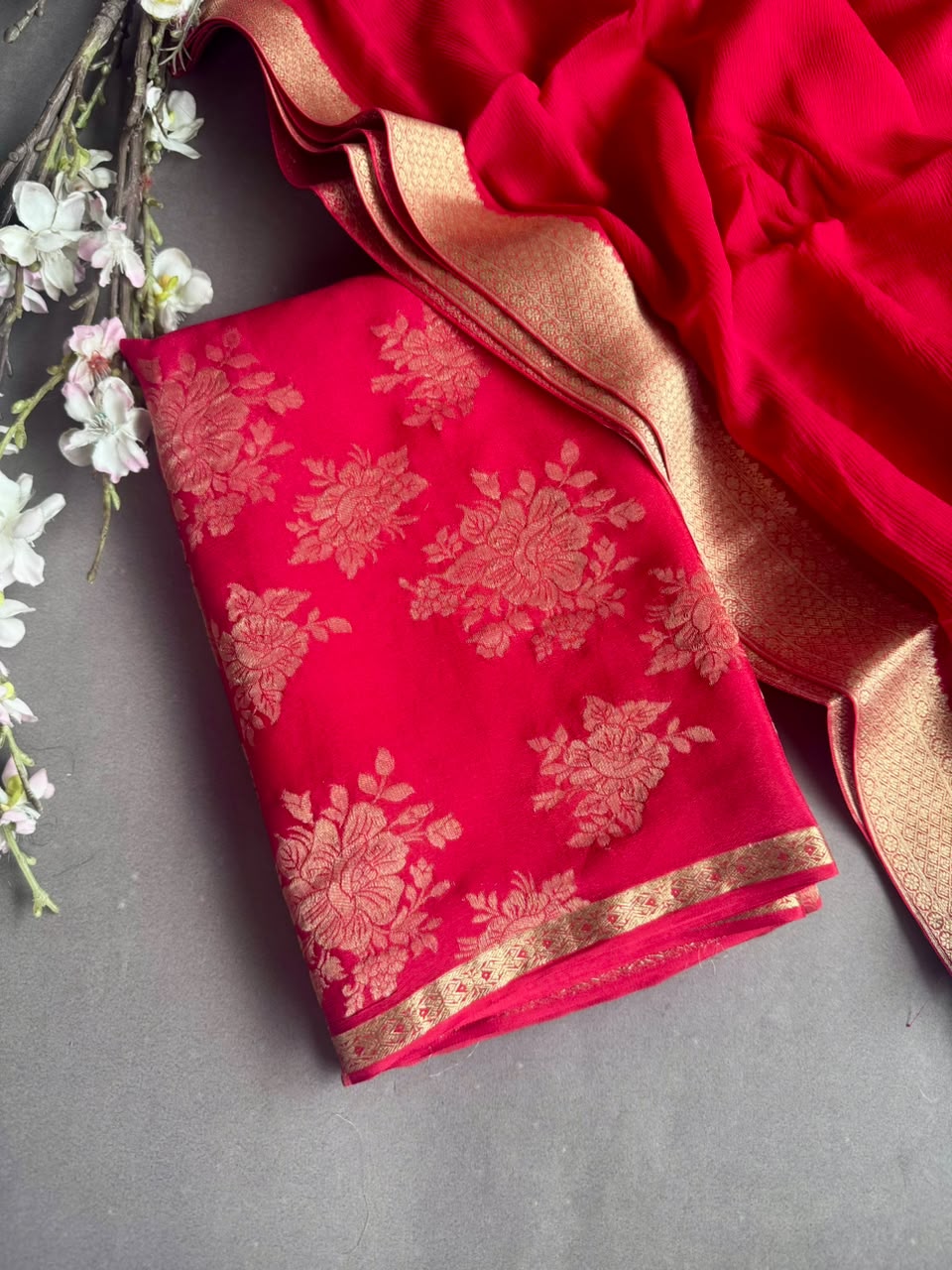 Red Pure Brocade Mysore Silk Dress Material (Swara)