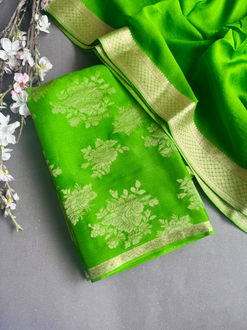 Green Pure Brocade Mysore Silk Dress Material (Swara)