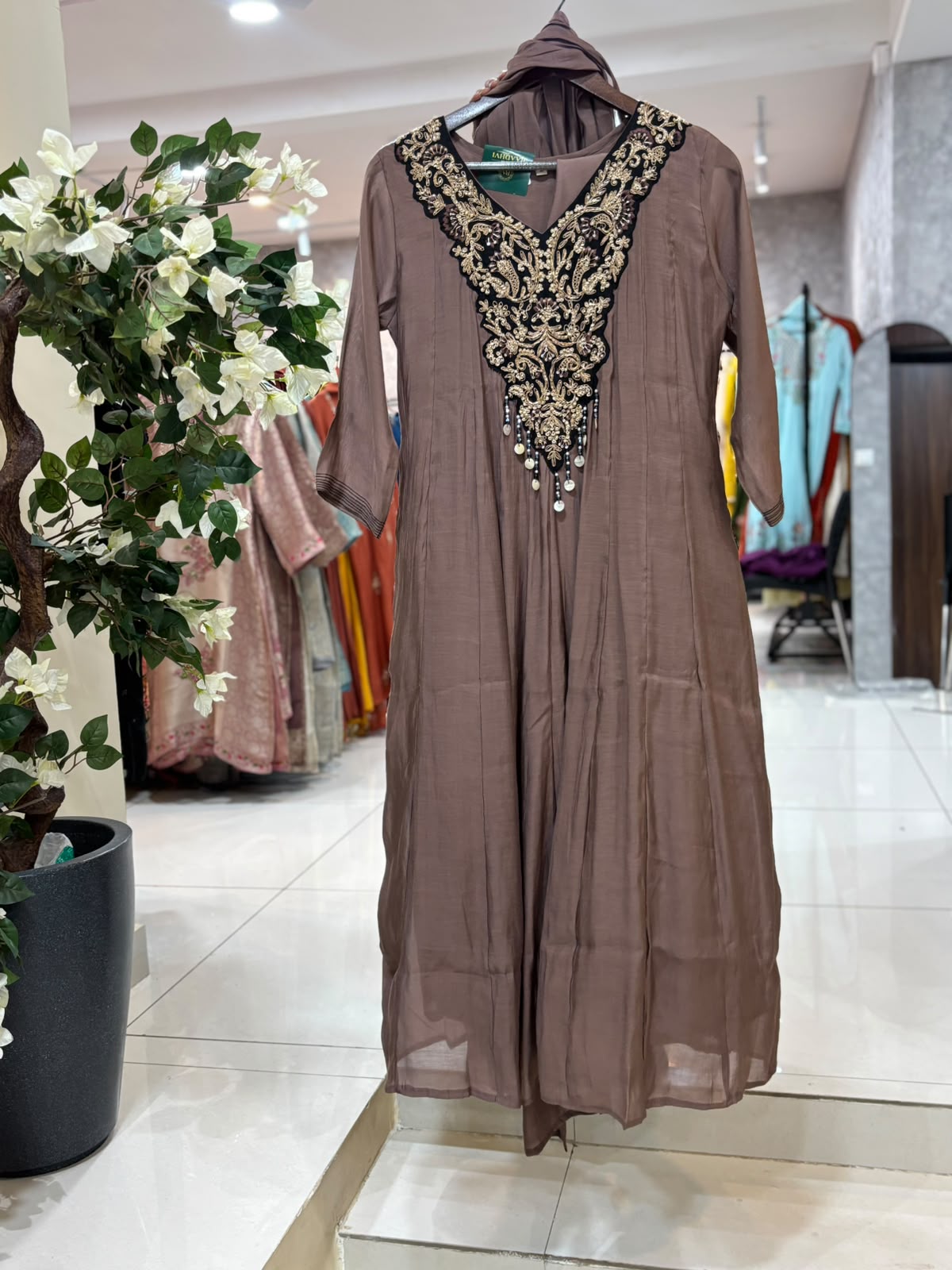 Dark Beige Mul Chanderi Thread Embroidery A Line Kurtha 223