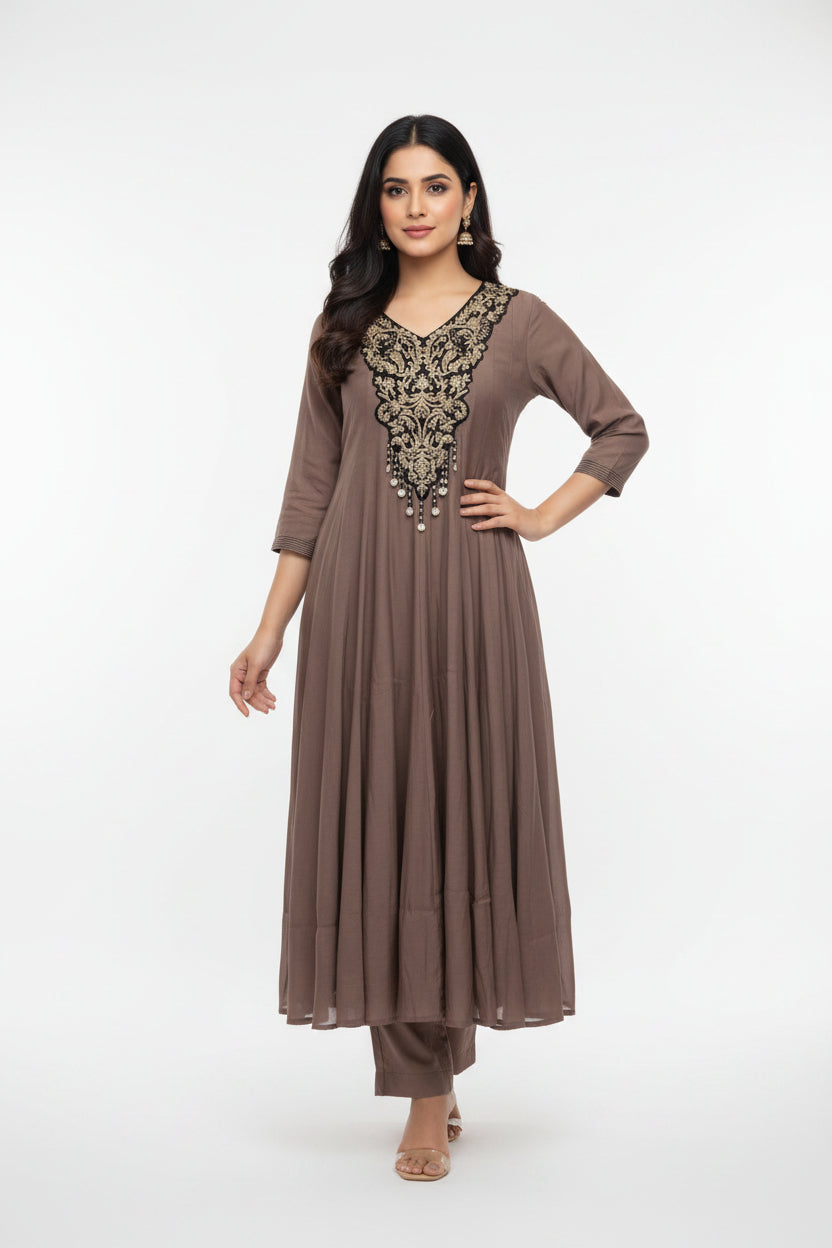 Dark Beige Mul Chanderi Thread Embroidery A Line Kurtha 223