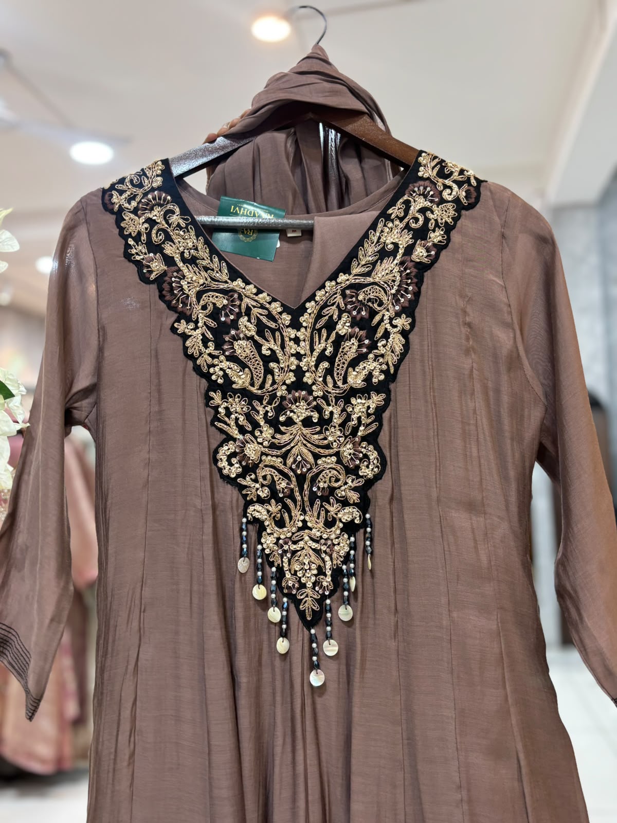 Dark Beige Mul Chanderi Thread Embroidery A Line Kurtha 223