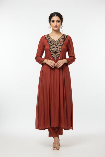 Maroon Mul Chanderi Thread Embroidery A Line Kurtha 223
