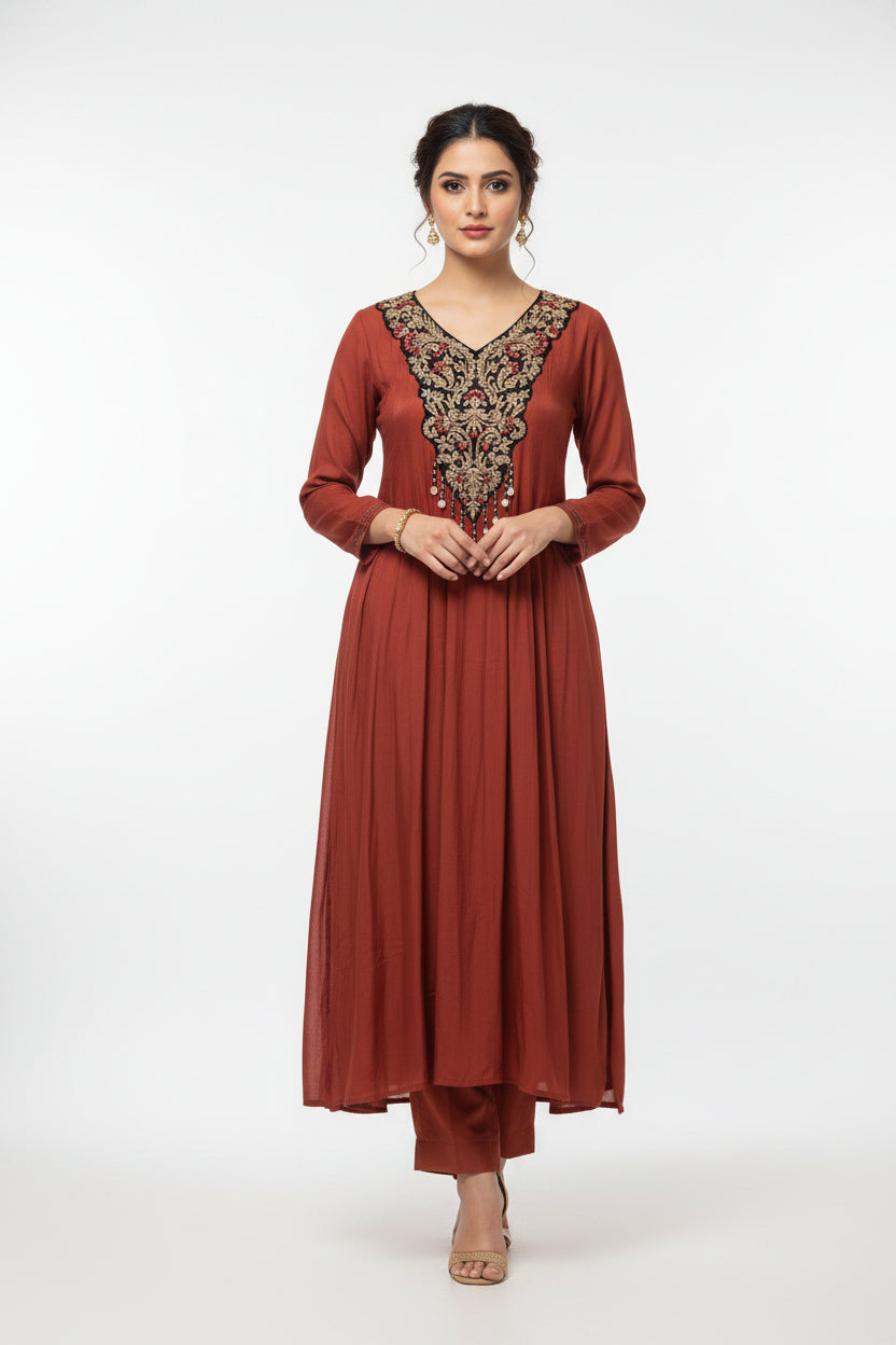 Maroon Mul Chanderi Thread Embroidery A Line Kurtha 223