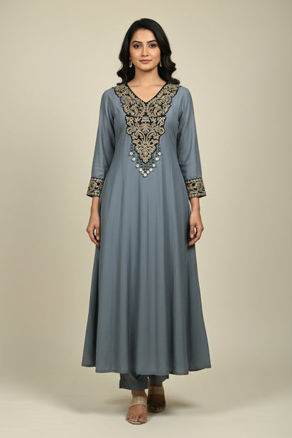 Grey Chanderi Thread Embroidery A Line Kurtha 223
