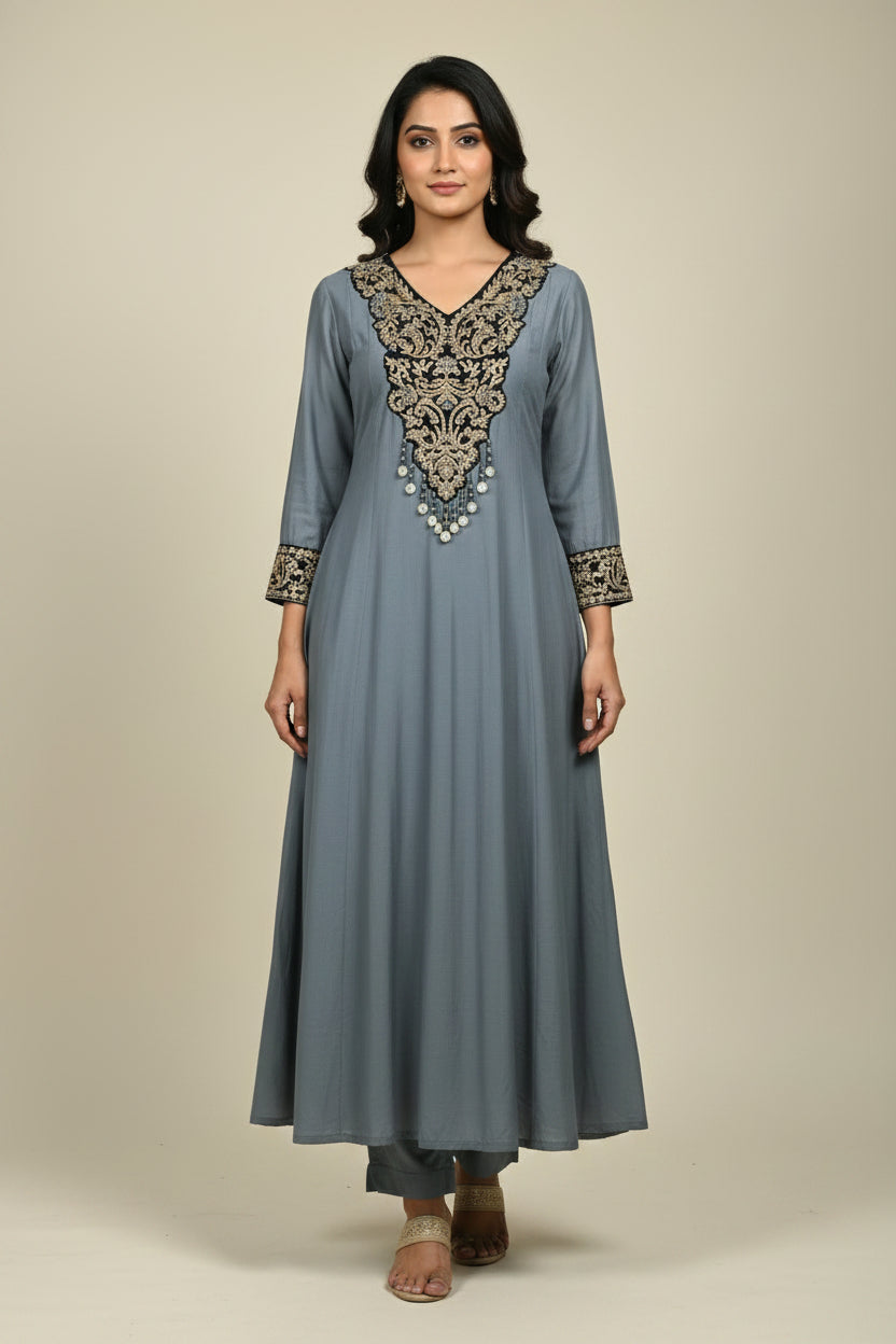 Grey Chanderi Thread Embroidery A Line Kurtha 223