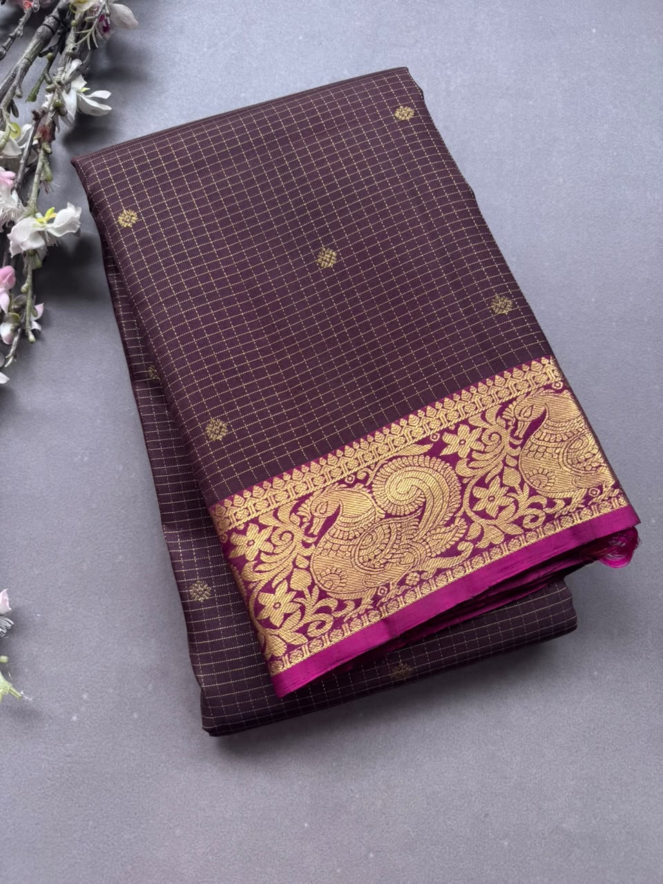 Brown Checks Pure Kanchi Silk Saree 108