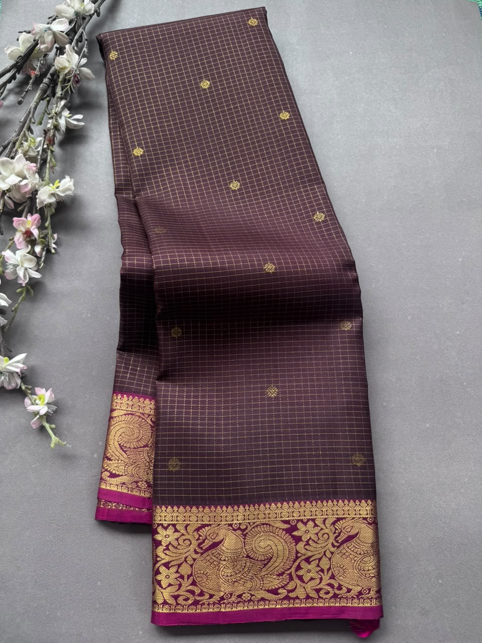 Brown Checks Pure Kanchi Silk Saree 108