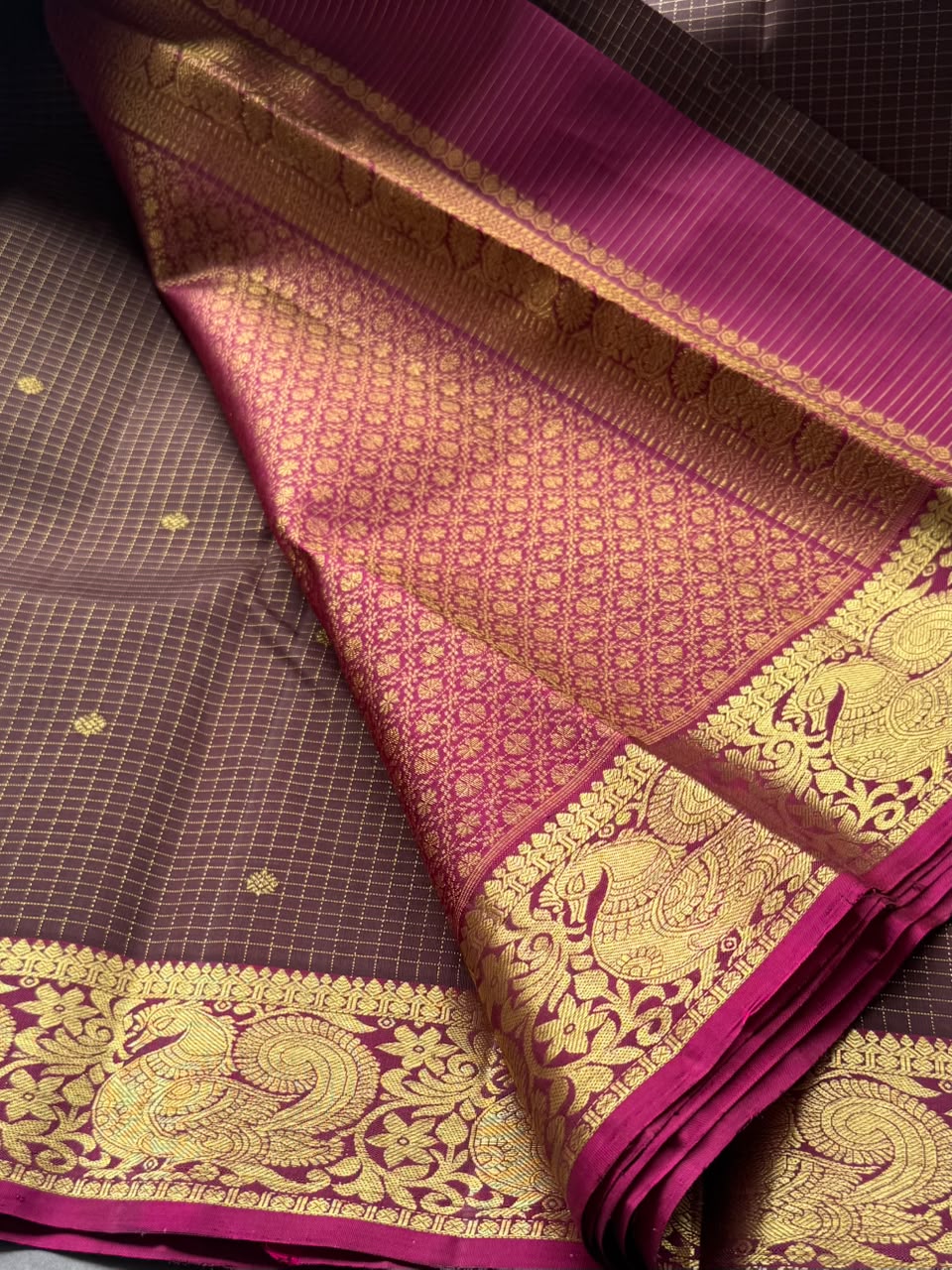 Brown Checks Pure Kanchi Silk Saree 108