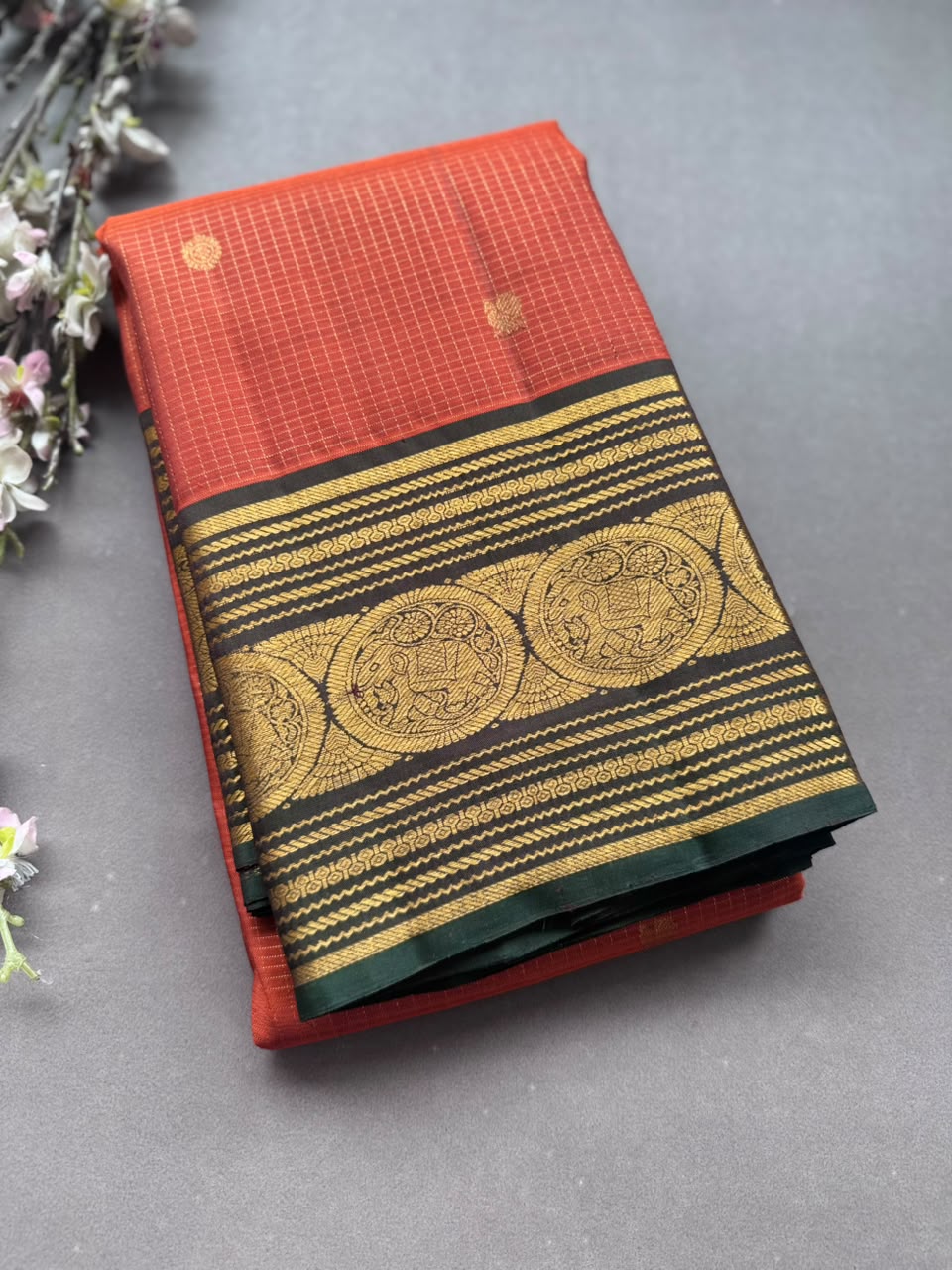 Orange Checks Pure Kanchi Silk Saree 108