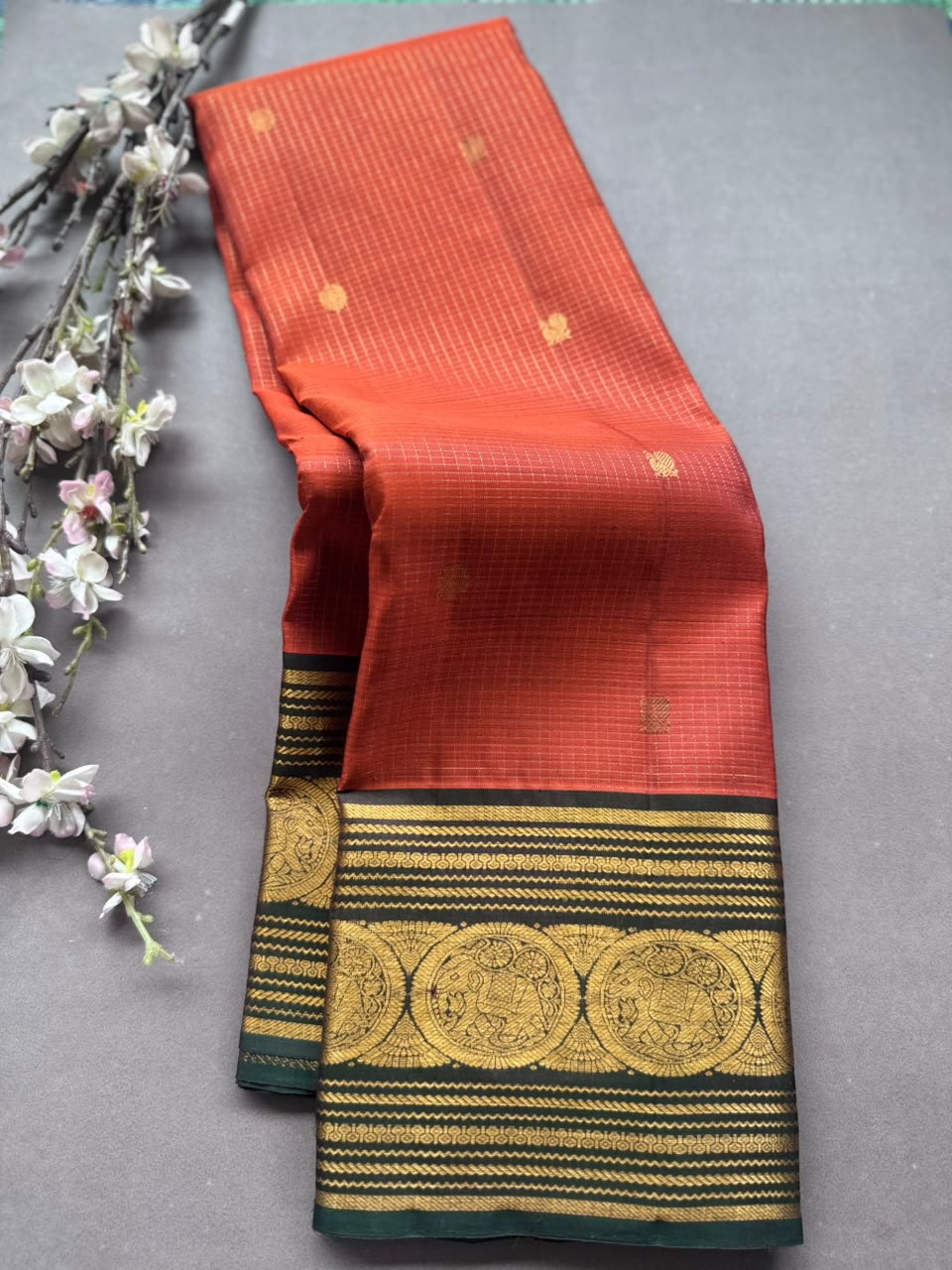 Orange Checks Pure Kanchi Silk Saree 108