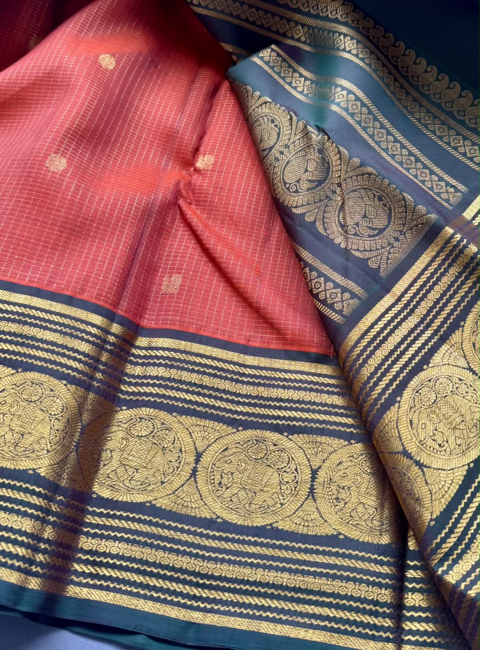 Orange Checks Pure Kanchi Silk Saree 108