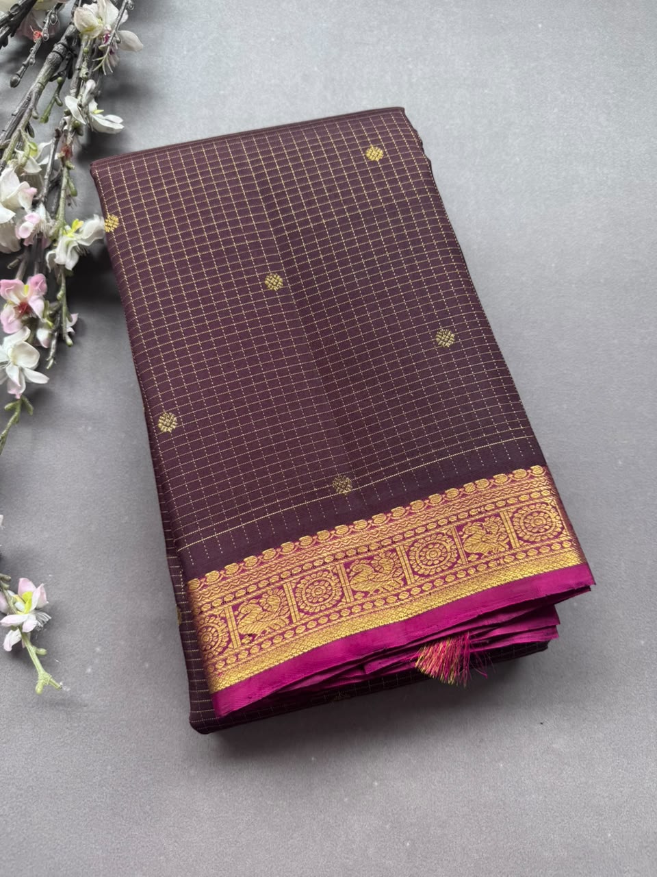 Brown Checks Pure Kanchi Silk Saree 108