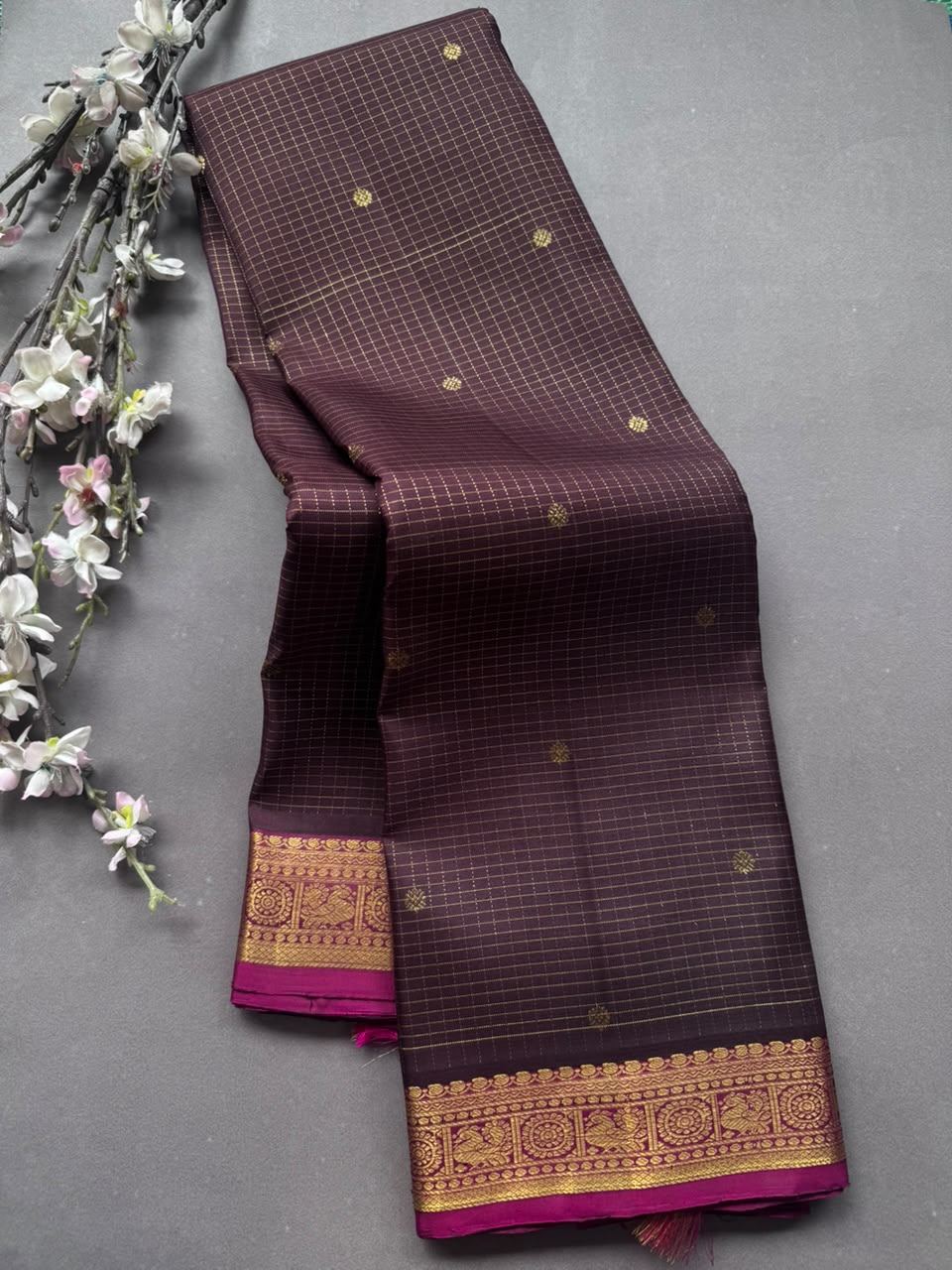 Brown Checks Pure Kanchi Silk Saree 108