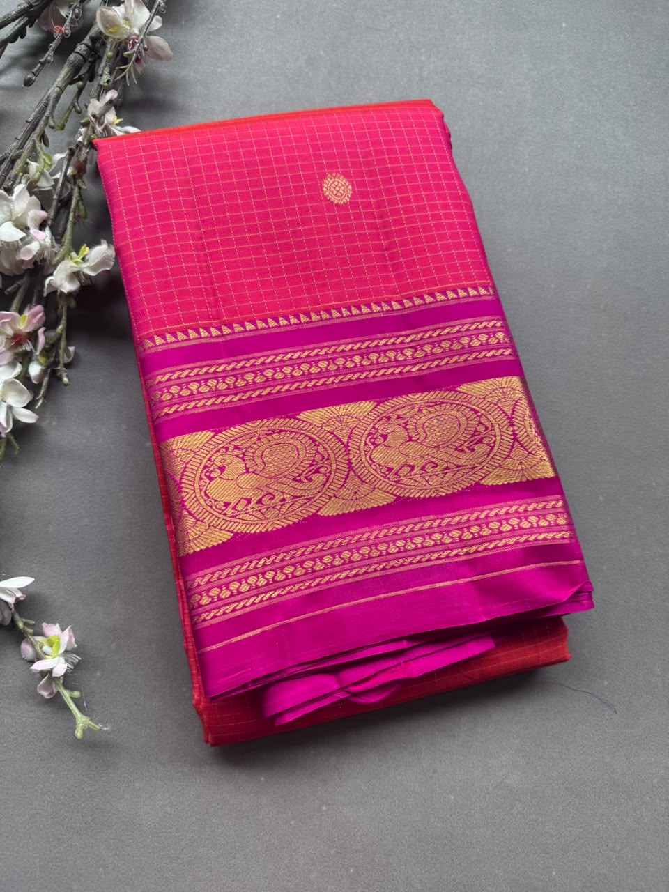 Pink Checks Pure Kanchi Silk Saree 108
