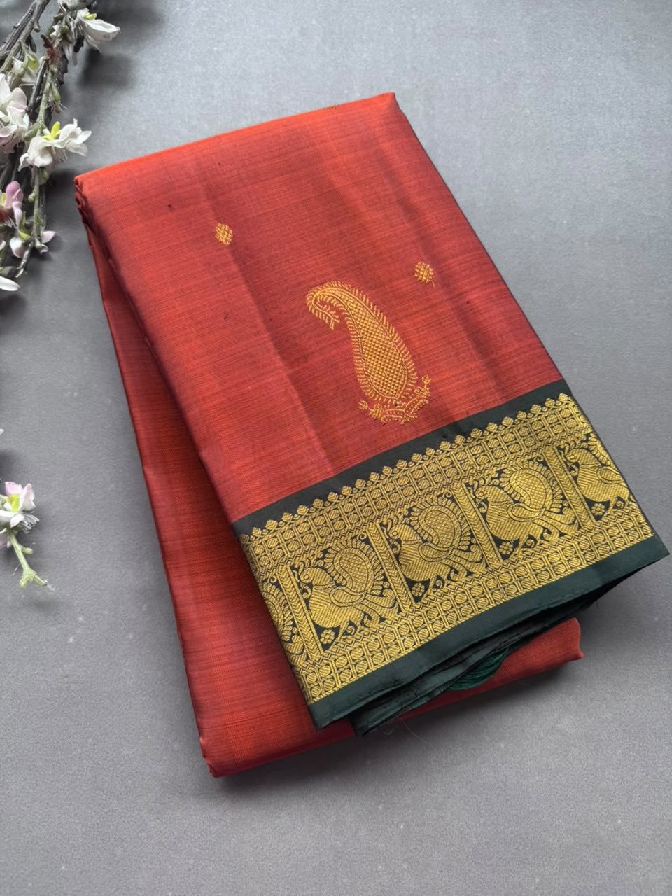Orange Checks Pure Kanchi Silk Saree 108