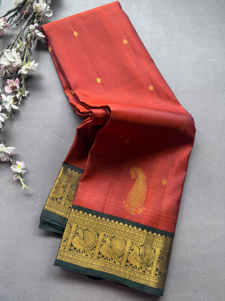 Orange Checks Pure Kanchi Silk Saree 108