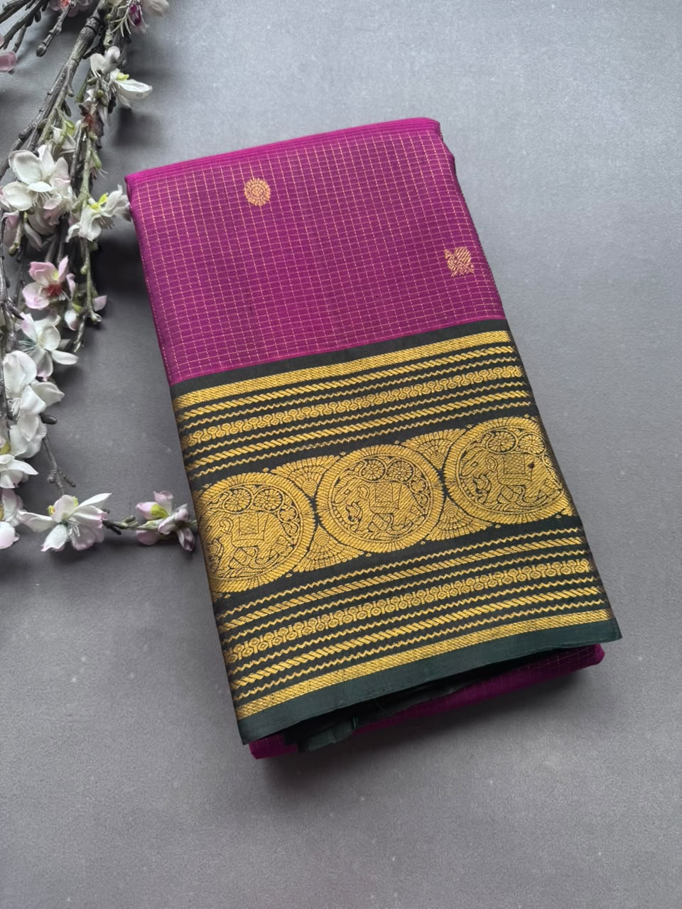 Magenta Checks Pure Kanchi Silk Saree 108