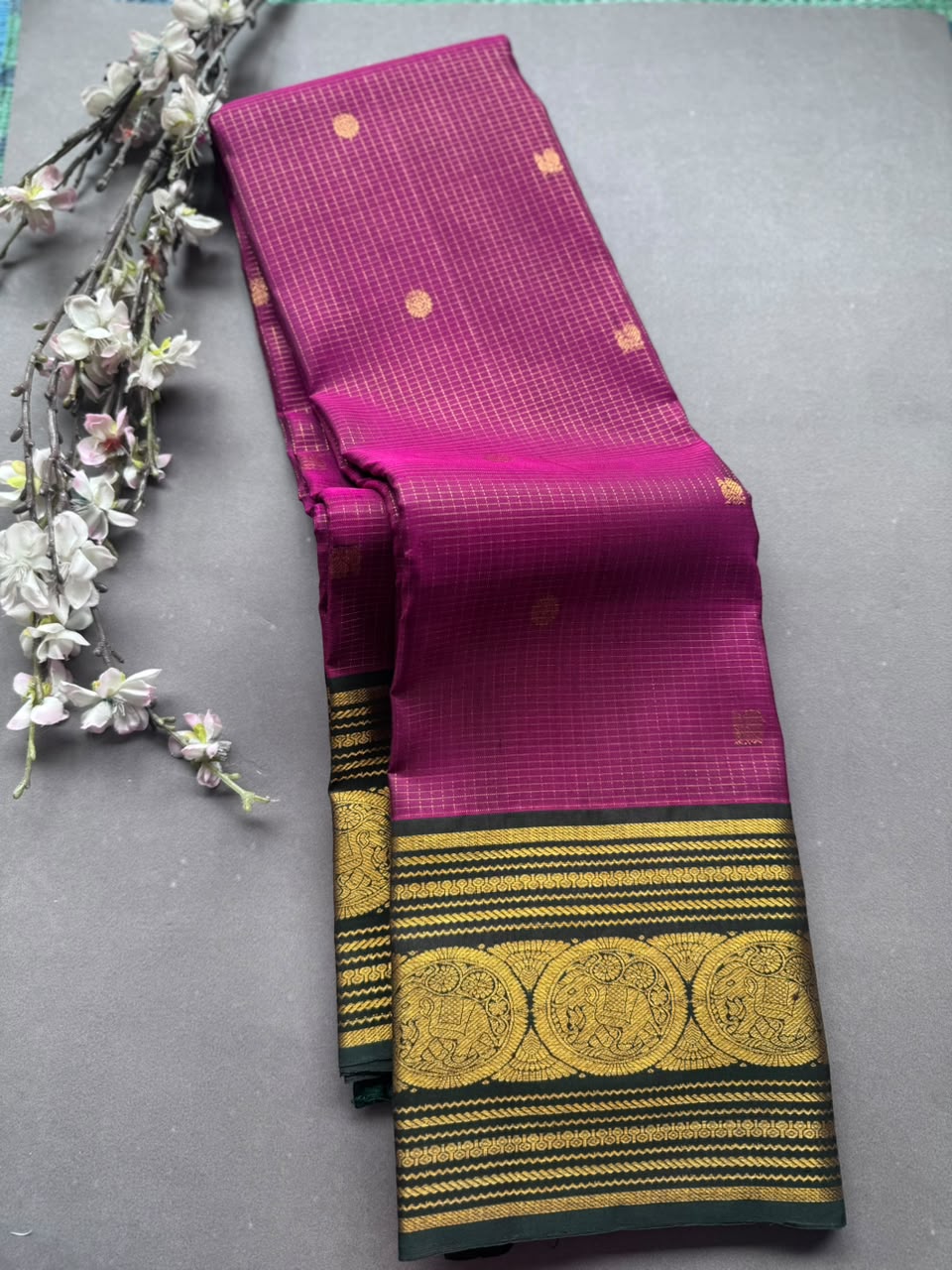Magenta Checks Pure Kanchi Silk Saree 108