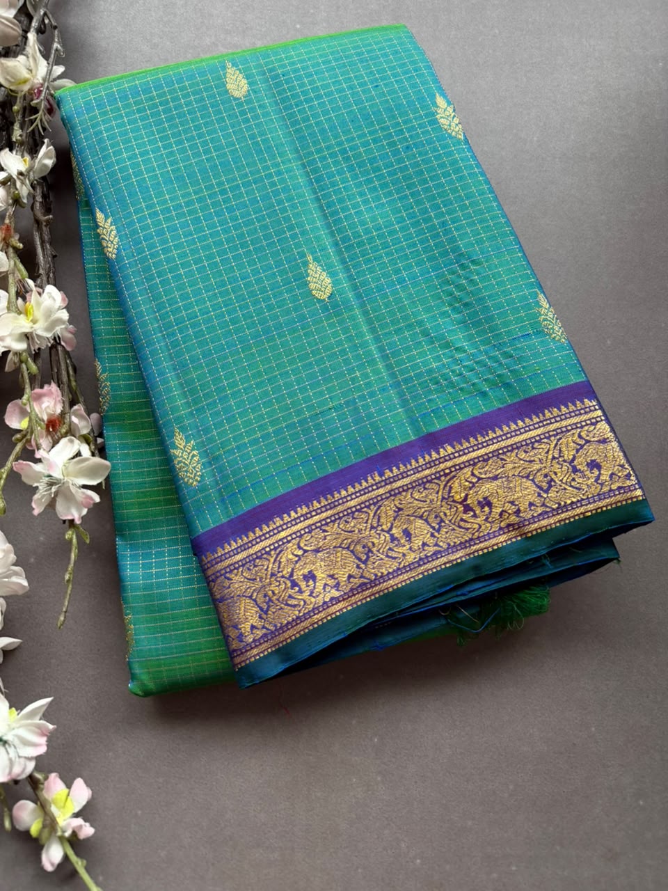 Blue Checks Pure Kanchi Silk Saree 108
