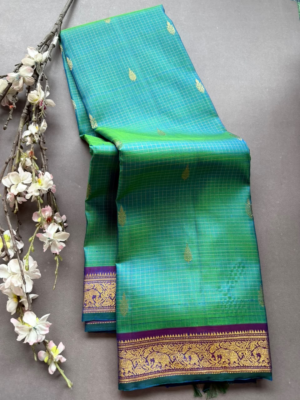Blue Checks Pure Kanchi Silk Saree 108