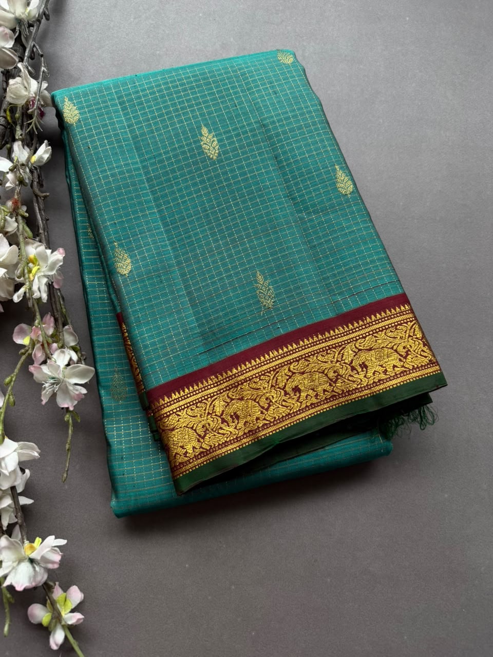Green Checks Pure Kanchi Silk Saree 108