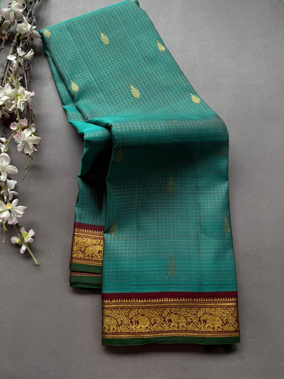 Green Checks Pure Kanchi Silk Saree 108