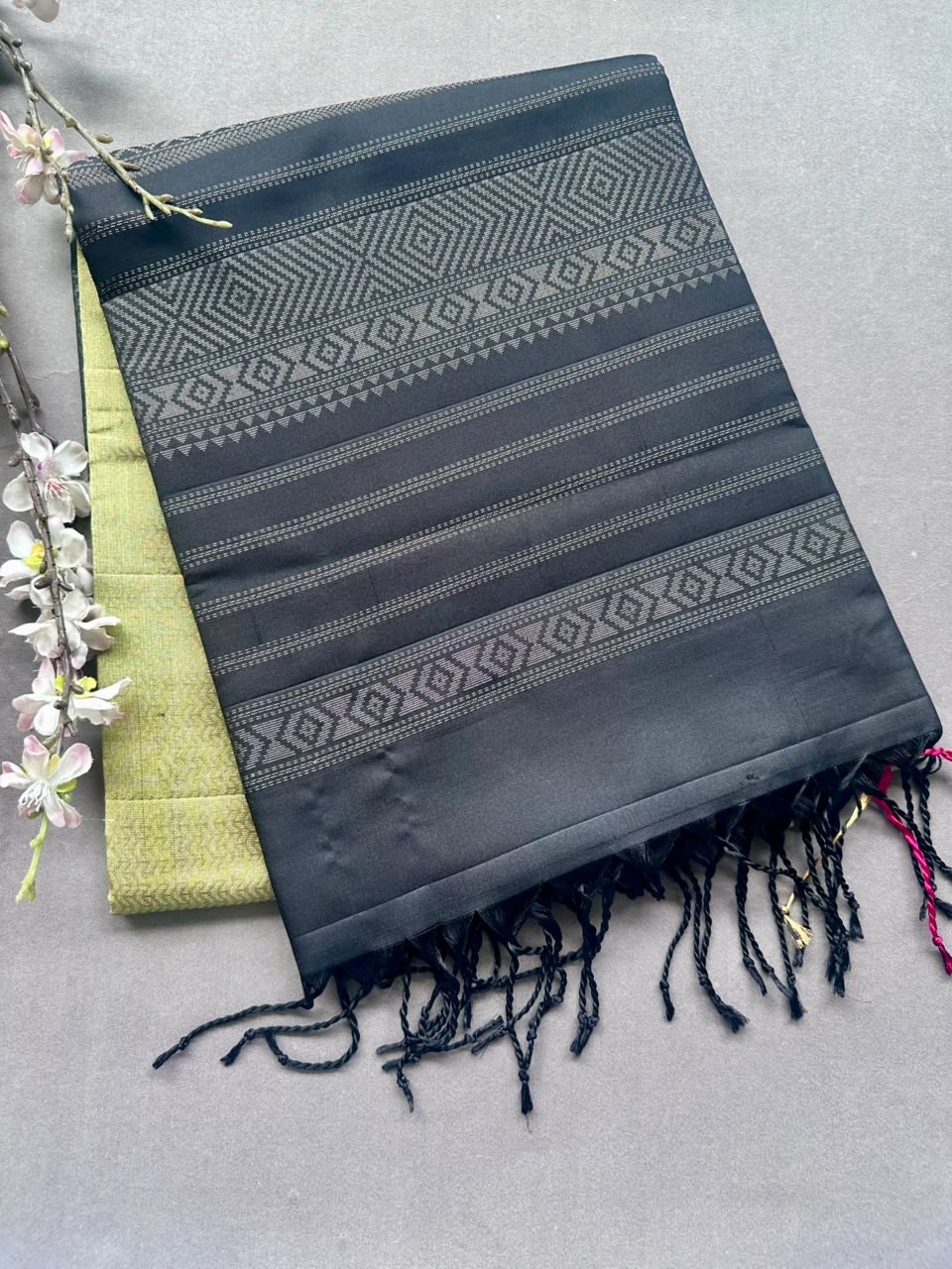 Pastel green n black Pure Kanchi Soft Silk Saree