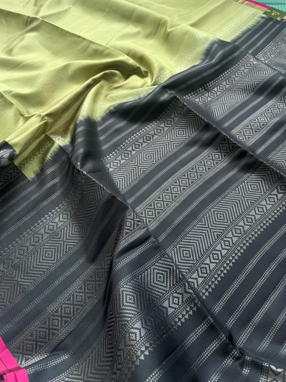 Pastel green n black Pure Kanchi Soft Silk Saree