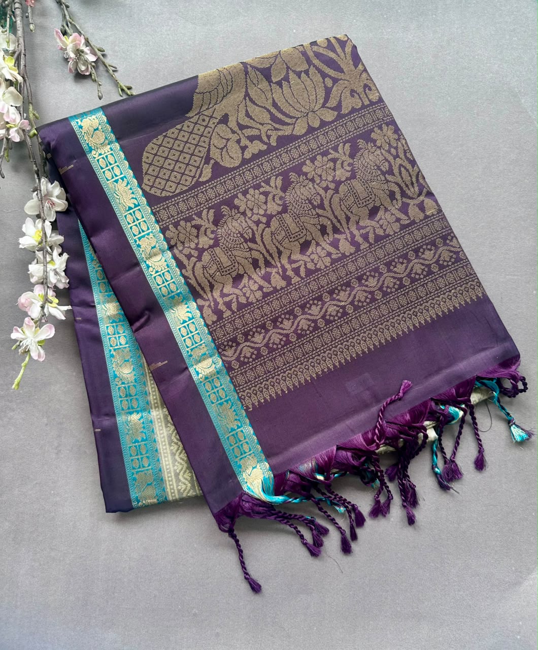 Purple n grey  Pure Kanchi Soft Silk Saree