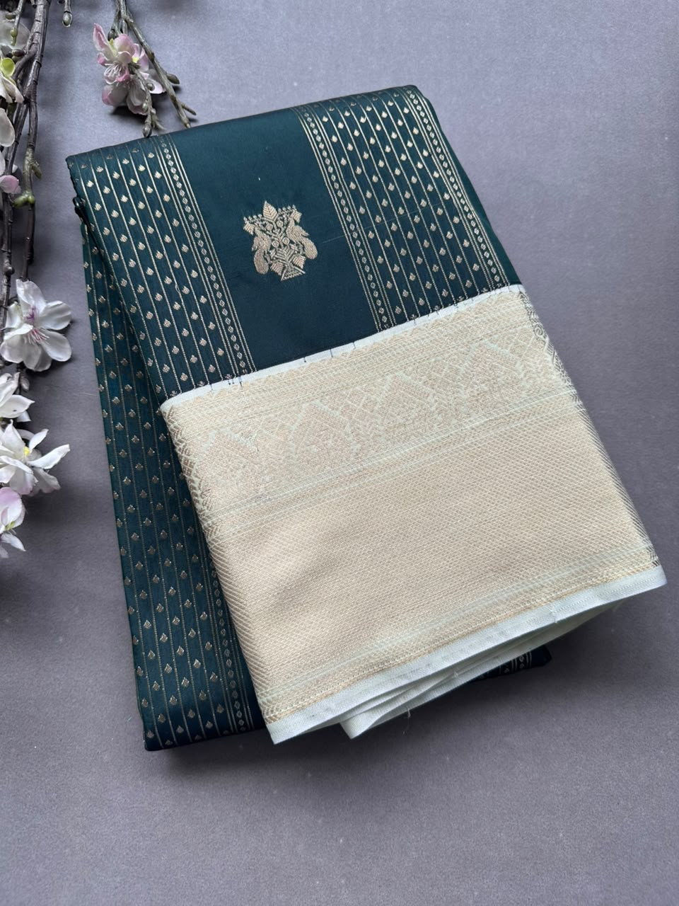 Green n cream Semi Kanchi Saree 108