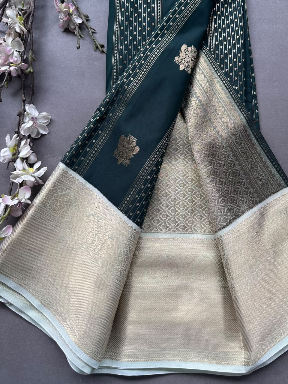 Green n cream Semi Kanchi Saree 108
