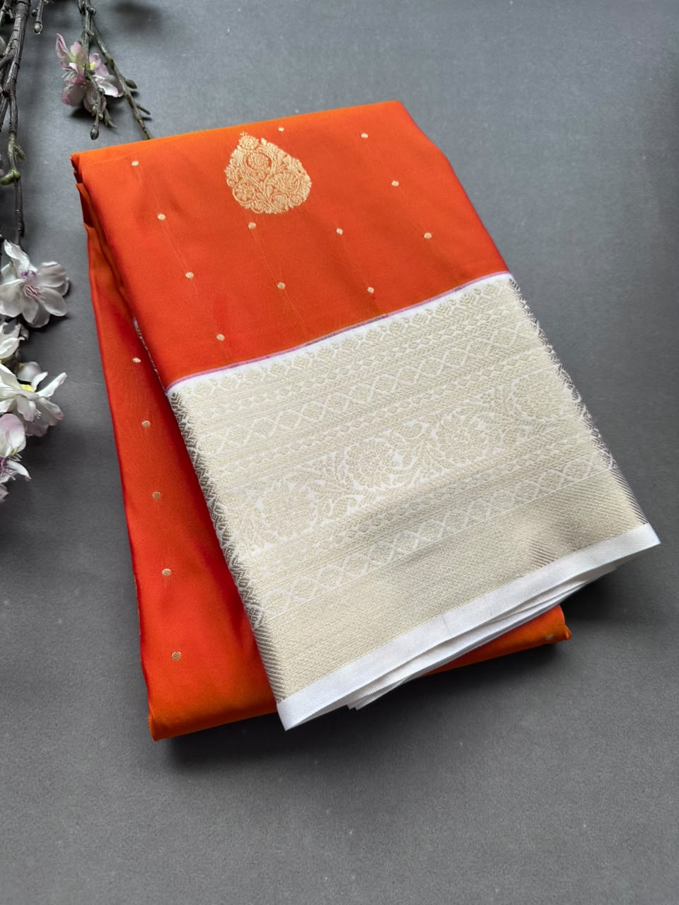 Orange n cream Semi Kanchi Saree 108
