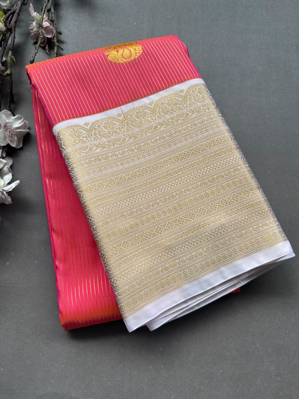 Orange n cream Semi Kanchi Saree 108