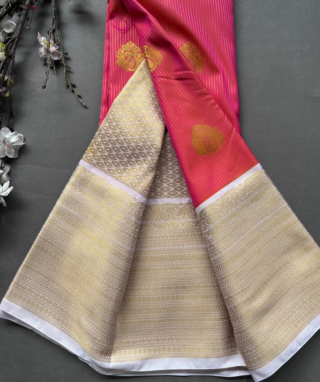 Orange n cream Semi Kanchi Saree 108