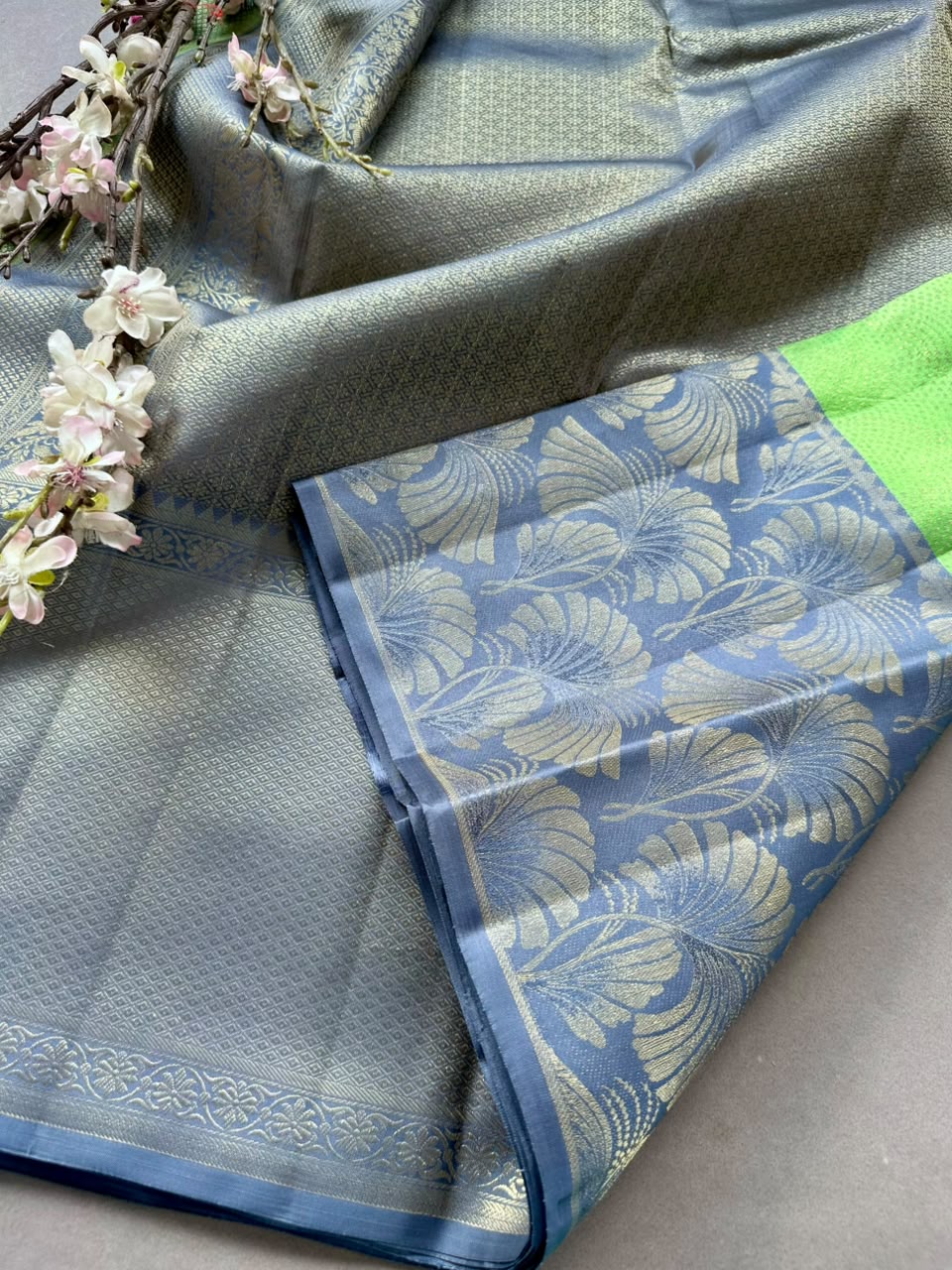 Green n grey Pure Kanchi Silk Saree 108