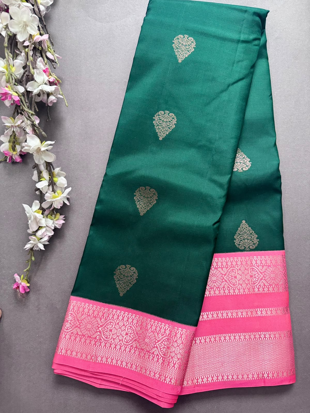 Green n Pink Pure Kanchi Silk Saree