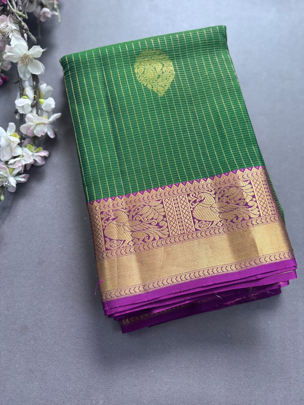 Green Checks Pure Kanchi Silk Saree 108