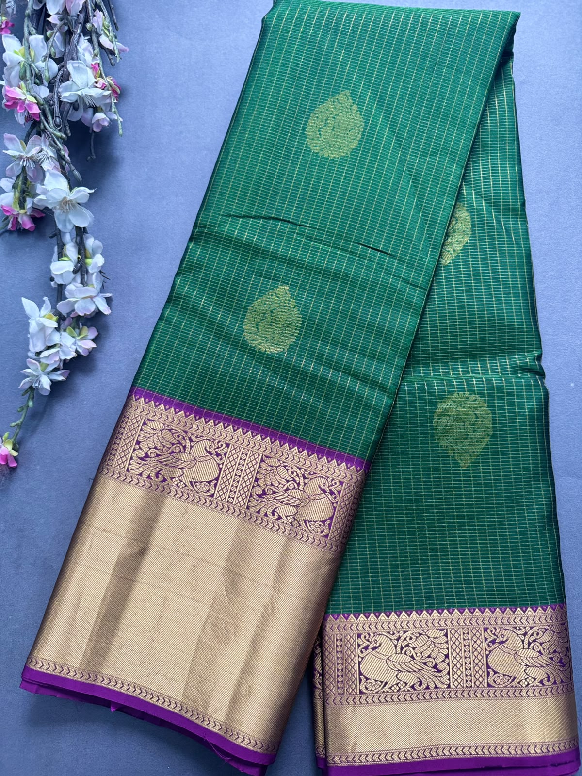 Green Checks Pure Kanchi Silk Saree 108