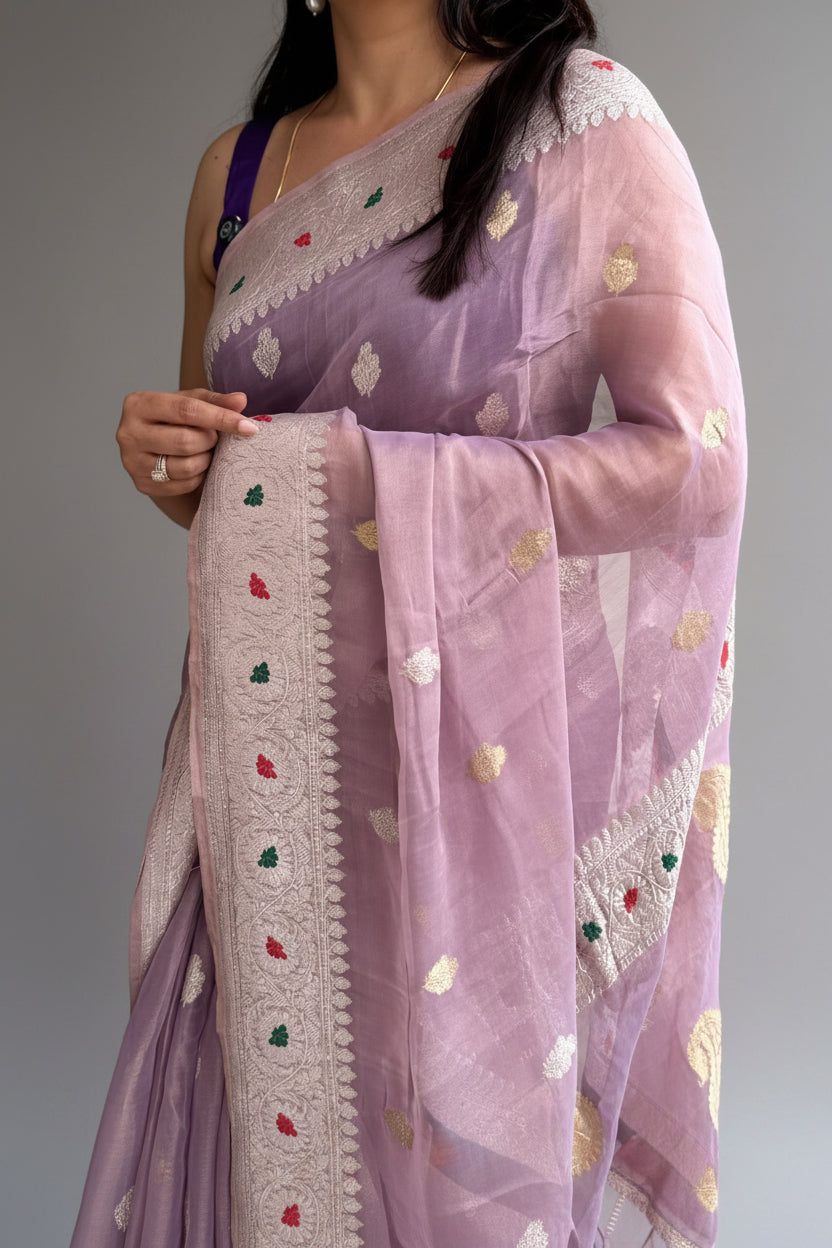 Lilac Small Butta Pure Tissue Chiffon Saree 107